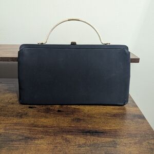 Vintage After Five Black Satin Evening Bag Clutch w Coin Purse Gold Lining 1950s
